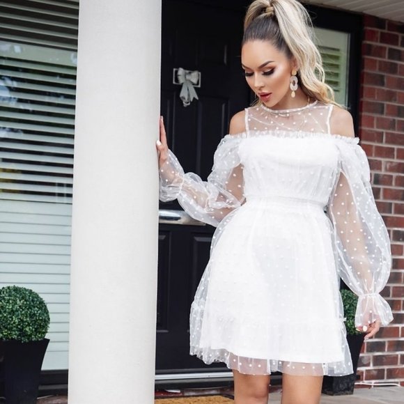 Dresses & Skirts - White Polka Dot Long Mesh Puff Sleeve Mini Dress